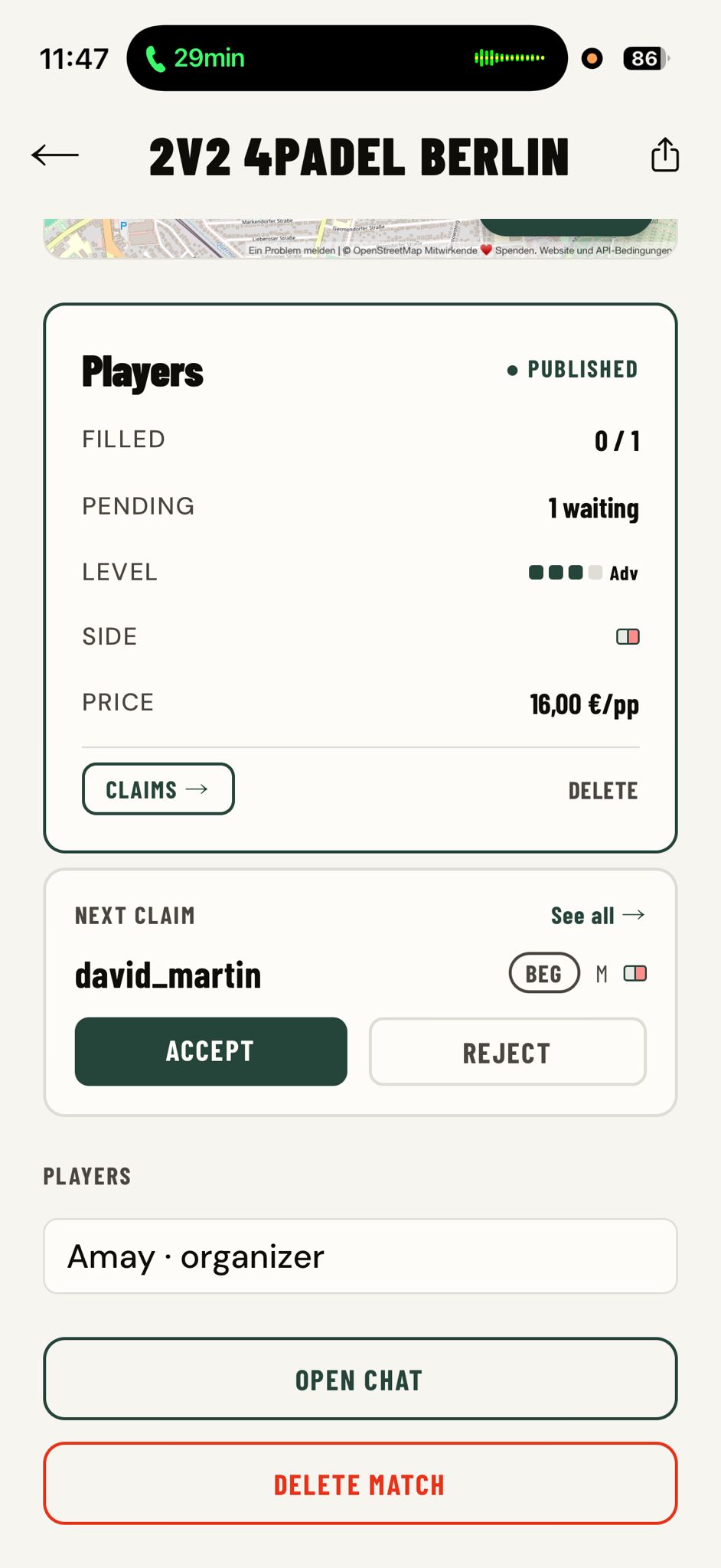 Speed, post a match app screen